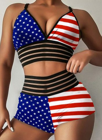 Women's Bikinis High Waist Flag Mesh Padded Sleeveless Unadjustable Wire-free Spaghetti Casual Beach Bikinis