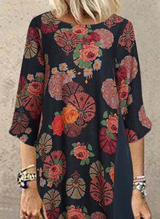 Women's Linen Maxi Dresses Floral Multicolor 3/4 Sleeve Round Neck Boho Vintage Maxi Dress