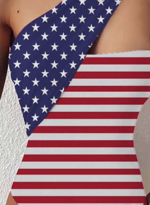 Women's One Piece Swimwear Color Block American Flag 4th Of July One-shoulder One-Piece Swimsuit