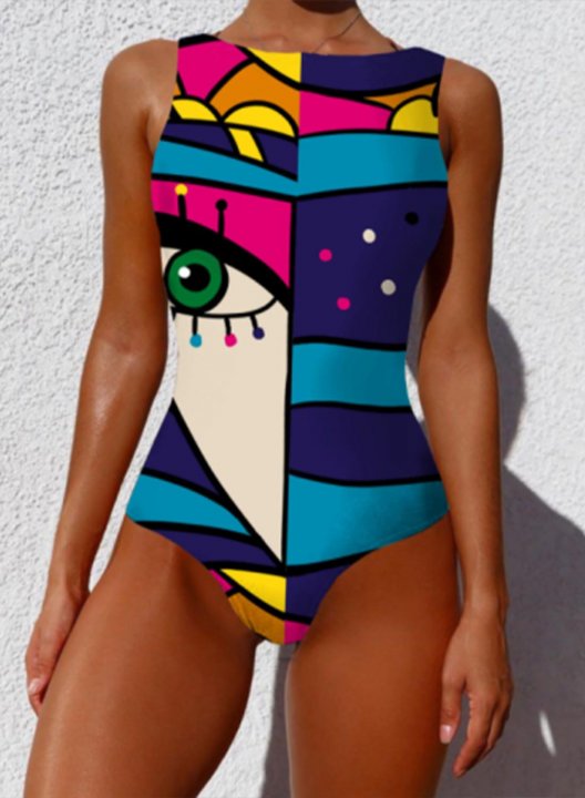 Women's One Piece Swimwear Geometric Round Neck Vintage Sporty One-Piece Swimsuits One-Piece Bathing Suits