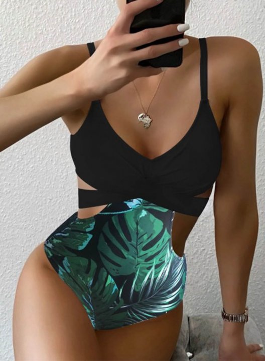 Women's One Piece Swimwear Floral Color Block V Neck One-Piece Swimsuits One-Piece Bathing Suits