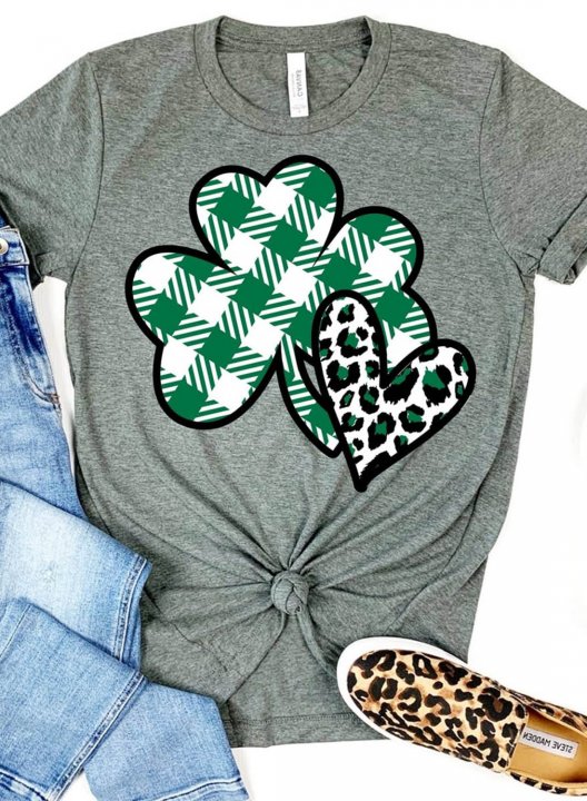 Women's St Patrick's Day T-shirts Leopard Plaid Heart Shamrock Print Round Neck Short Sleeve Casual T-shirts