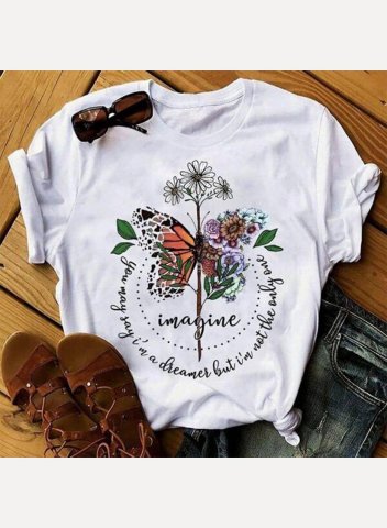 Women's Graphic T-shirts Floral Butterfly Print Letter Short Sleeve Round Neck Casual T-shirt