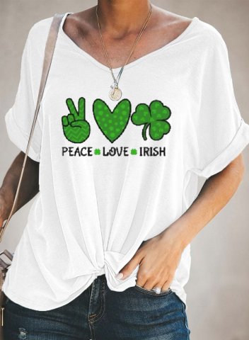Women's St Patrick's Day T-shirts Heart-shaped Letter Clover Print V Neck Short Sleeve Summer Casual T-shirts