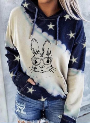 Women's Easter bunny Hoodies Color Block Star Long Sleeve Casual Pocket Hoodie