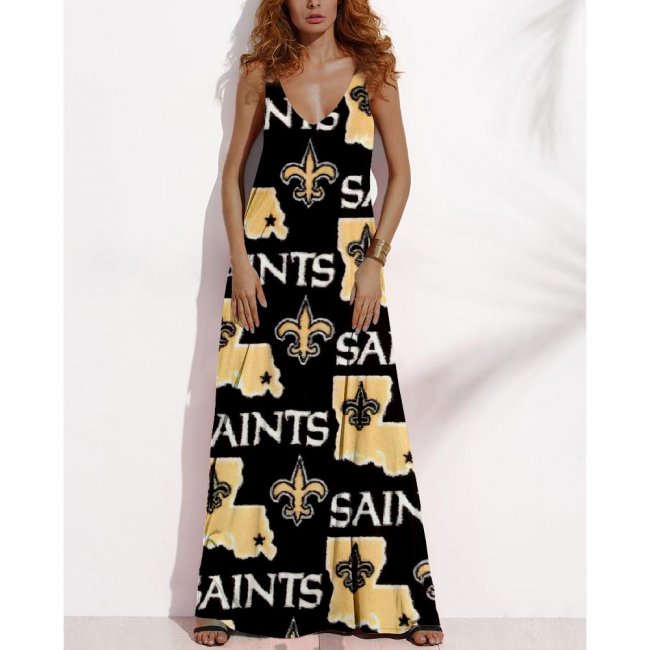 Women's Summer NEW ORLEANS SAINTS Fan Print V-neck Sleeveless Loose Long A-line Dress