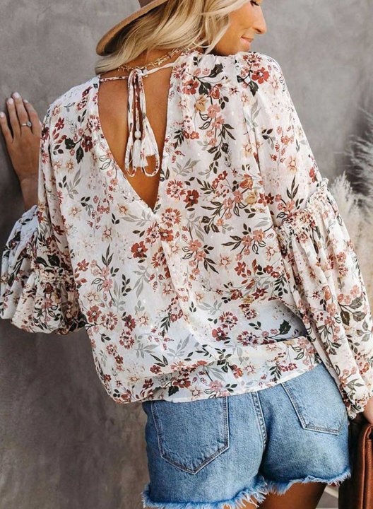 Women's Shirts Floral Multicolor V Neck Long Sleeve Criss Cross Daily Boho Shirts