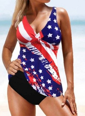 Women's Tankini Set American Flag Padded Criss Cross Mid Waist V Neck Vacation Tankini Set