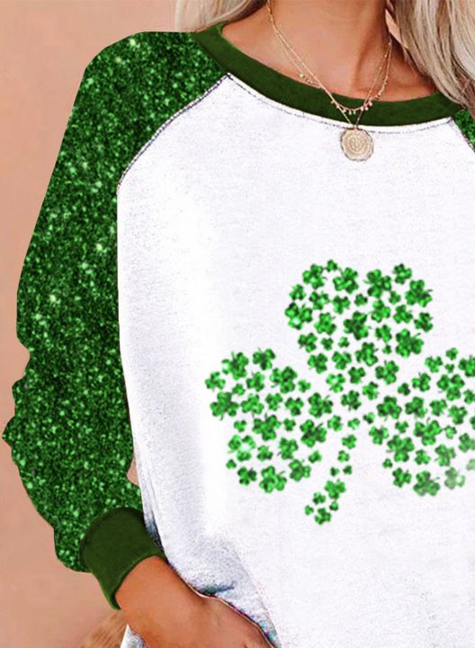 Women's St Patrick's Day Sweatshirt Sequin Shamrock Solid Round Neck Long Sleeve Daily Casual Pullover