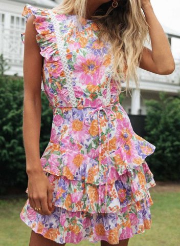 Women's Mini Dresses Ruffle Open-back A-line Floral Sleeveless Round Neck Daily Casual Mini Dress
