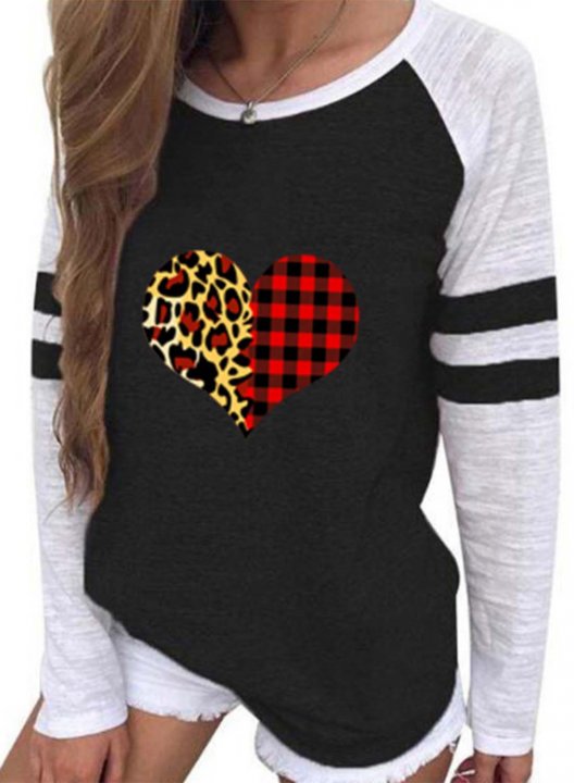 Women's T-shirts Striped Leopard Color Block Heart-shaped Print Long Sleeve Round Neck Daily T-shirt