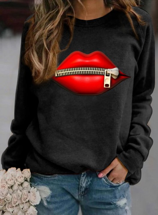 Lips Print Round Neck Long Sleeve Casual Sweatshirt