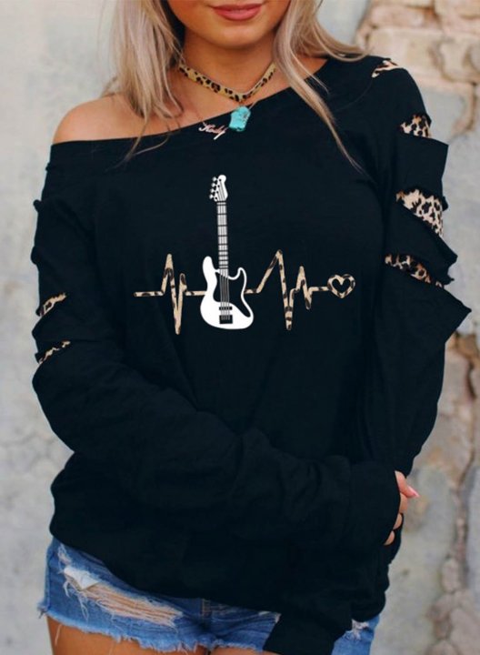 Women's Rock and Roll Sweatshirt Leopard Long Sleeve Cut-out Cold-shoulder Casual Pullover