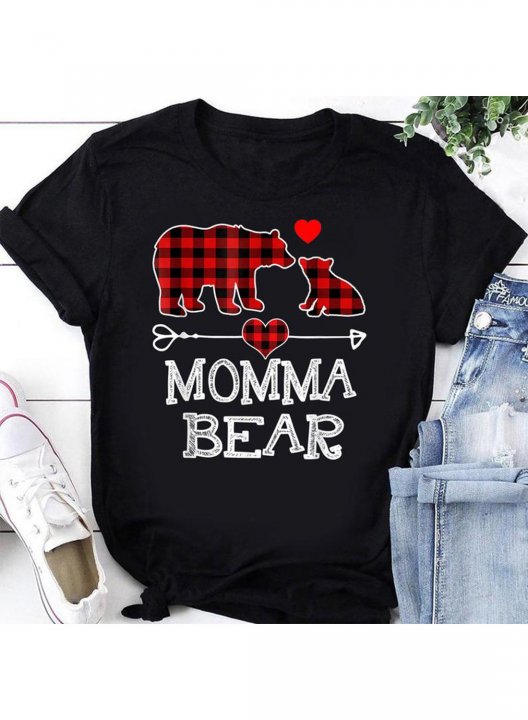 Women's Mama Bear Mother's Day T-shirts Plaid Letter Bear Short Sleeve Round Neck Casual T-shirt