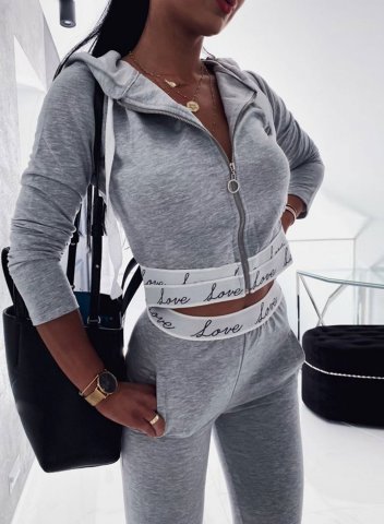 Women's Sports Sets Casual Solid Letter Hooded Long Sleeve Slim Zip Cropped Pocket Two Piece Sets