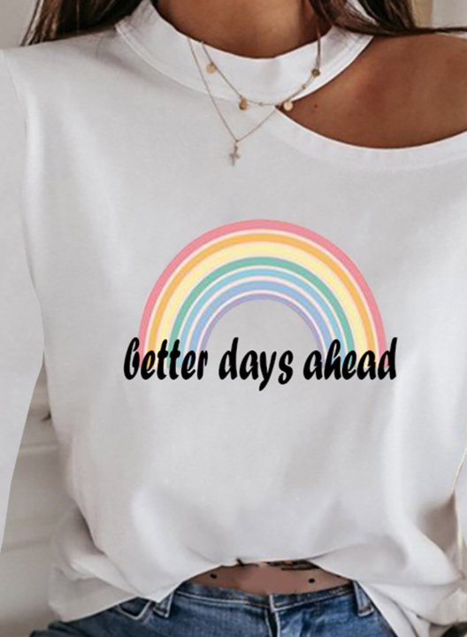 Women's T-shirts Color Block Letter Asymmetrical Halter Neck Long Sleeve Casual Daily T-shirts