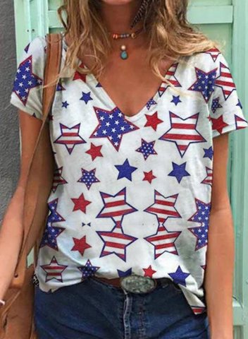 Women's T-shirts American Flag Star Print Short Sleeve V Neck Daily T-shirt