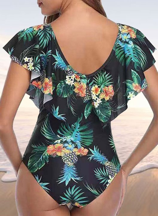 Women's One-Piece Swimsuits One-Piece Bathing Suits Ruffle Fruits & Plants V Neck One-Piece Swimsuit