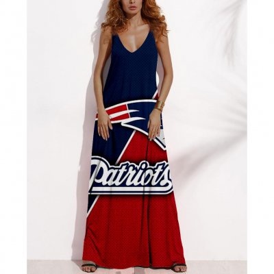 Women's Summer NEW ENGLAND PATRIOTS Fan Print V-neck Sleeveless Loose Long A-line Dress