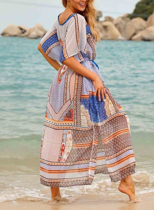 Women's Maxi Dress Geometric Color Block Round Neck Shift Belt Short Sleeve Summer Beach Maxi Dress