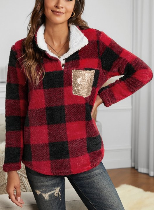 Red Lattice High Neck Long Sleeve Sweatshirt