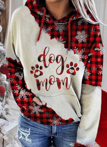 Women's Dog Mom Print Hoodies Plaid Letter Dog Lover Gift Long Sleeve Casual Pocket Hoodie