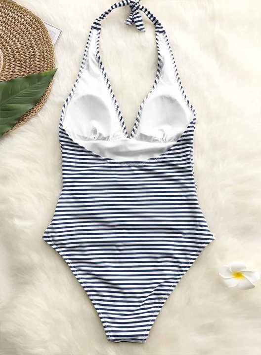 Women's One-Piece Swimsuits One-Piece Bathing Suits Striped Knot V Neck Casual One-Piece Swimsuits One-Piece Bathing Suits