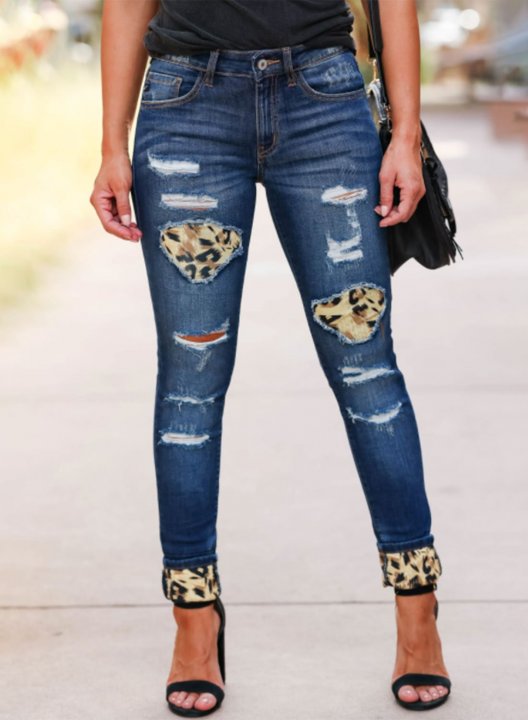 Women's Torn Jeans Slim Leopard Cut-out Mid Waist Ankle-length Casual Daily Torn Jeans