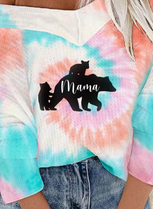 Women's Tie Dye T-shirts Casual Mama Bear Print Color Block V Neck Long Sleeve Daily T-shirts