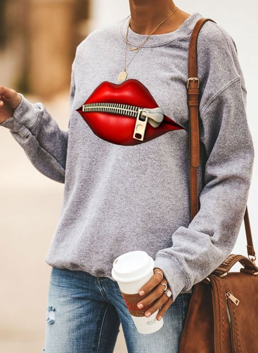 Solid Long Sleeve Round Neck Lips Print Sweatshirt