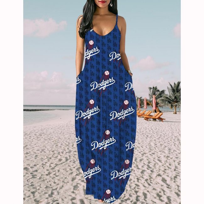 Women's Los Angeles Dodgers Baseball Team Print Sling Pocket Sleeveless Loose Holiday Style Long Dress