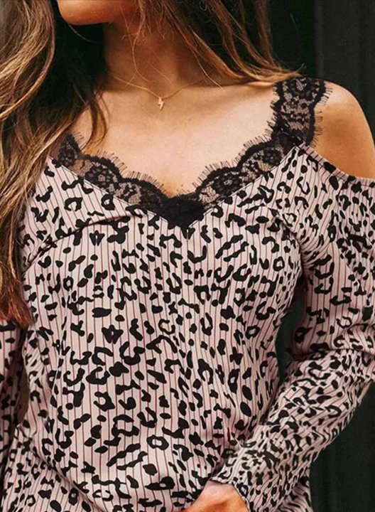 Women's Pullovers Leopard Print Long Sleeve Spaghetti Cold Shoulder Lace Pullover