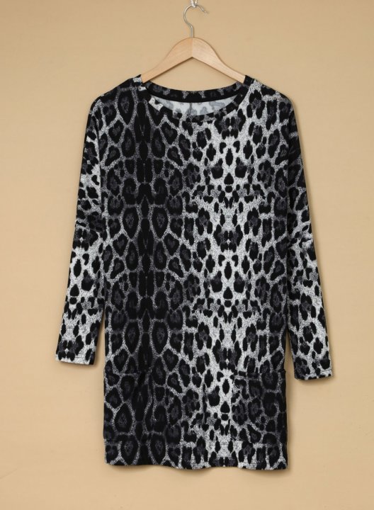 Leopard Round Neck Long Sleeve Tunic Sweatshirt