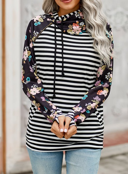 Floral-Print Paneled Striped Pocket Hoodie