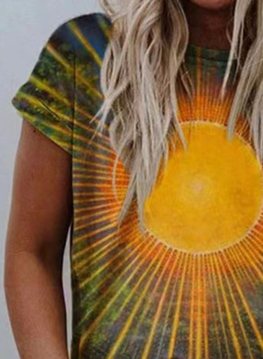 Women's T-shirts Sun Color Block Print Short Sleeve Round Neck Daily T-shirt