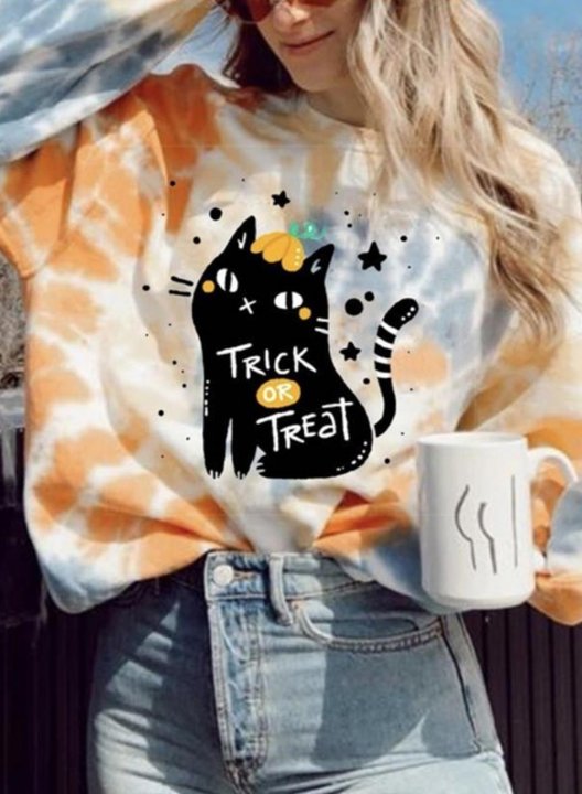 Women Cute Cat Trick or Treat Print Tie dye Loose Sweatshirts