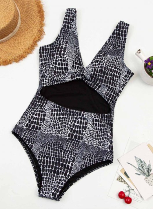 Women's One Piece Swimwear Animal Print V Neck Half Sleeve Twisted Vintage One-Piece Swimsuits One-Piece Bathing Suits