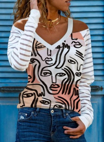 Women's Abstract Face Sweatshirt Off Shoulder Abstract Color Block V Neck Long Sleeve Casual Cold Shoulder Pullovers