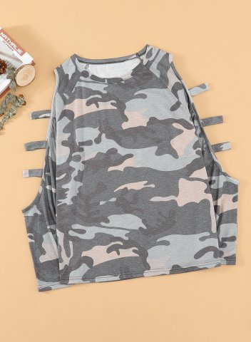 Camo Round Neck Long Sleeve Cut-out Cold Shoulder Sweatshirt