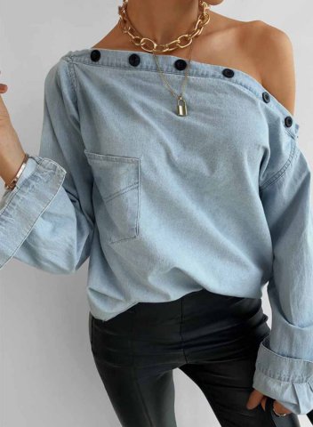 Women's Pullovers Solid Long Sleeve Button Asymmetrical Cold-shoulder Pullover