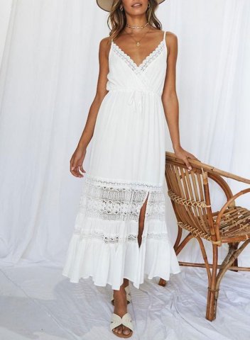 Women's Boho White Maxi Dress Solid Lace V Neck Spaghetti Summer Casual Maxi Dress