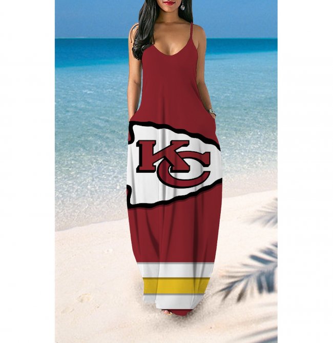 V-neck Kansas City Chiefs Print Sleeveless Sling Long Loose Dress