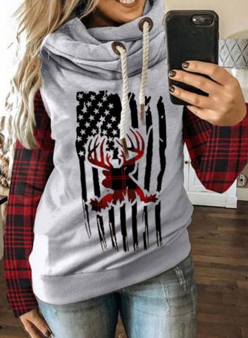 Women's Hoodies Drawstring Turtleneck Plaid American Flag Reindeer Hoodies