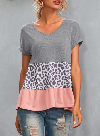 Women's T-shirts Letter Leopard Color Block V Neck Short Sleeve Casual Daily Ruffle T-shirts
