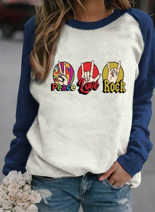 Women's Sweatshirts Color-block Letter Rock Long Sleeve Round Neck Casual Sweatshirt