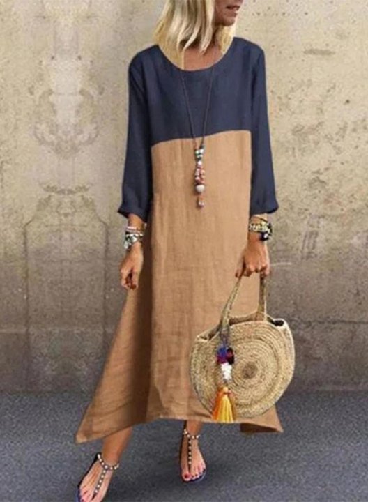 Women's Maxi Dresses Color Block Long Sleeve A-line Round Neck Casual Daily Maxi Dress