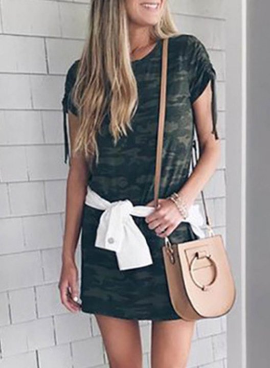 Women's Mini Dresses Camouflage Short Sleeve Round Neck Drawstring Casual Mini Dress