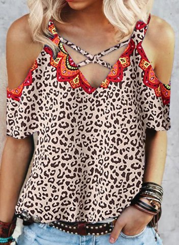 Women's T-shirts Leopard Tropical Cold Shoulder Half Sleeve V Neck Boho Casual Daily T-shirts