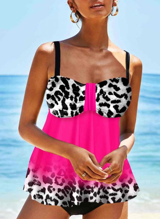 Women's Tankini Set Leopard Color Block Padded Low Rise Spaghetti Casual Tankini Set