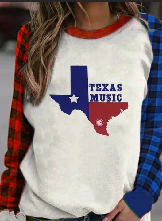 Women's Sweatshirts Color-block Plaid Flag Letter Print Long Sleeve Round Neck Sweatshirt